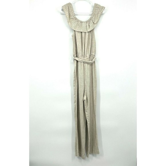 Universal Thread Jumpsuit Off Shoulder Linen Belted Beige Stripe NWT - Picture 7 of 11
